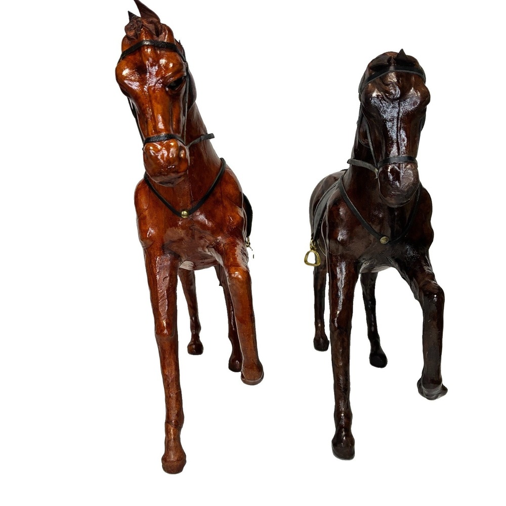 Vintage Leather Horse Figurine Pair Handcrafted Set Of Two 12 Inches